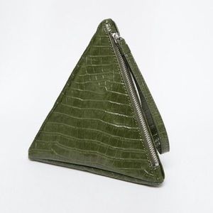 Monki Croc Effect Zip Pyramid Clutch - dark green
